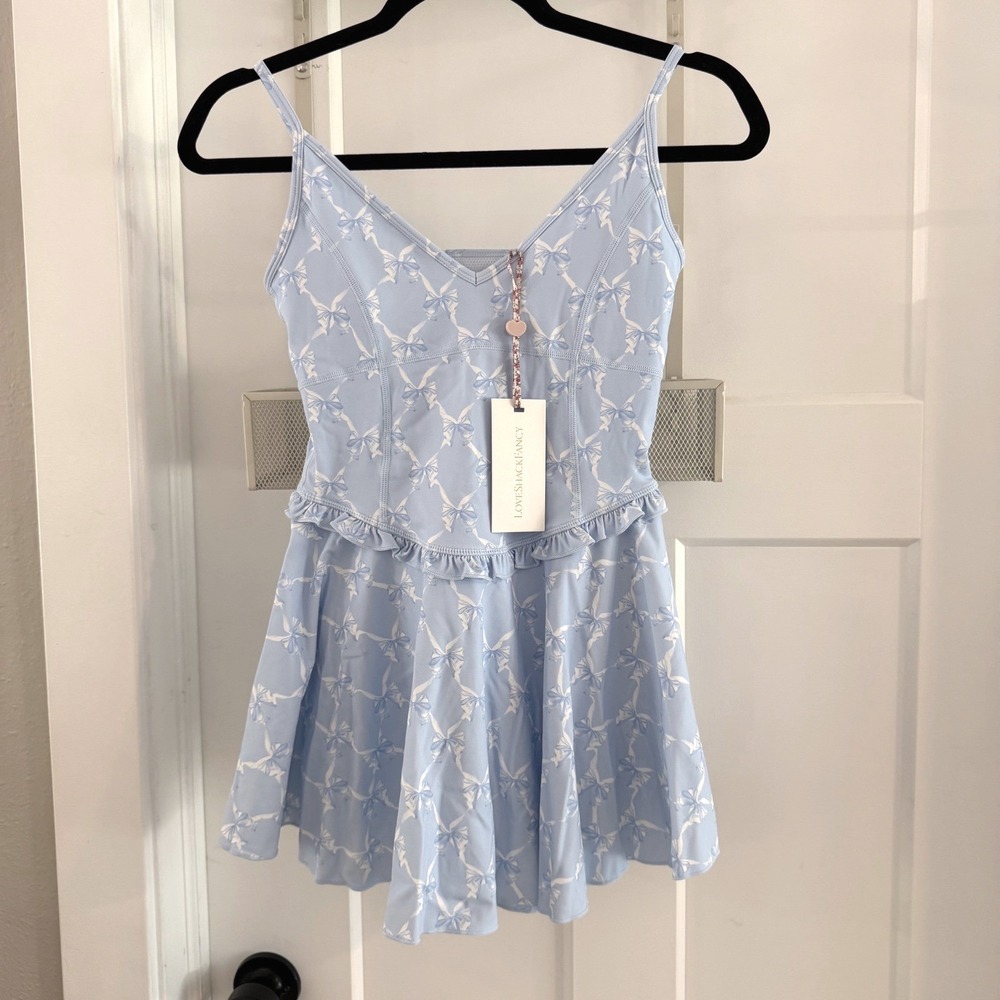 LoveShackFancy Ergo Bow Print Active Dress Blue XS Coquette Activewear Feminine